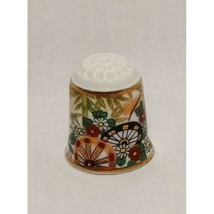 Vintage Bird Flowers Green Leaves Wheels Thimble 1" Kohzan  Japan Porcelain